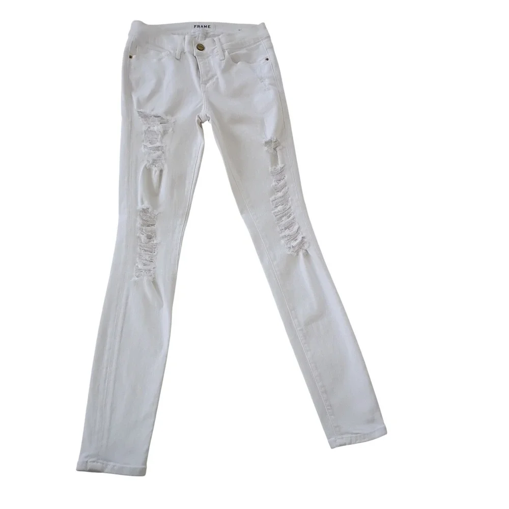 FRAME NWOT Le Skinny de Jeanne Blanc Distressed Jeans 26x29 USA Made‎ $228